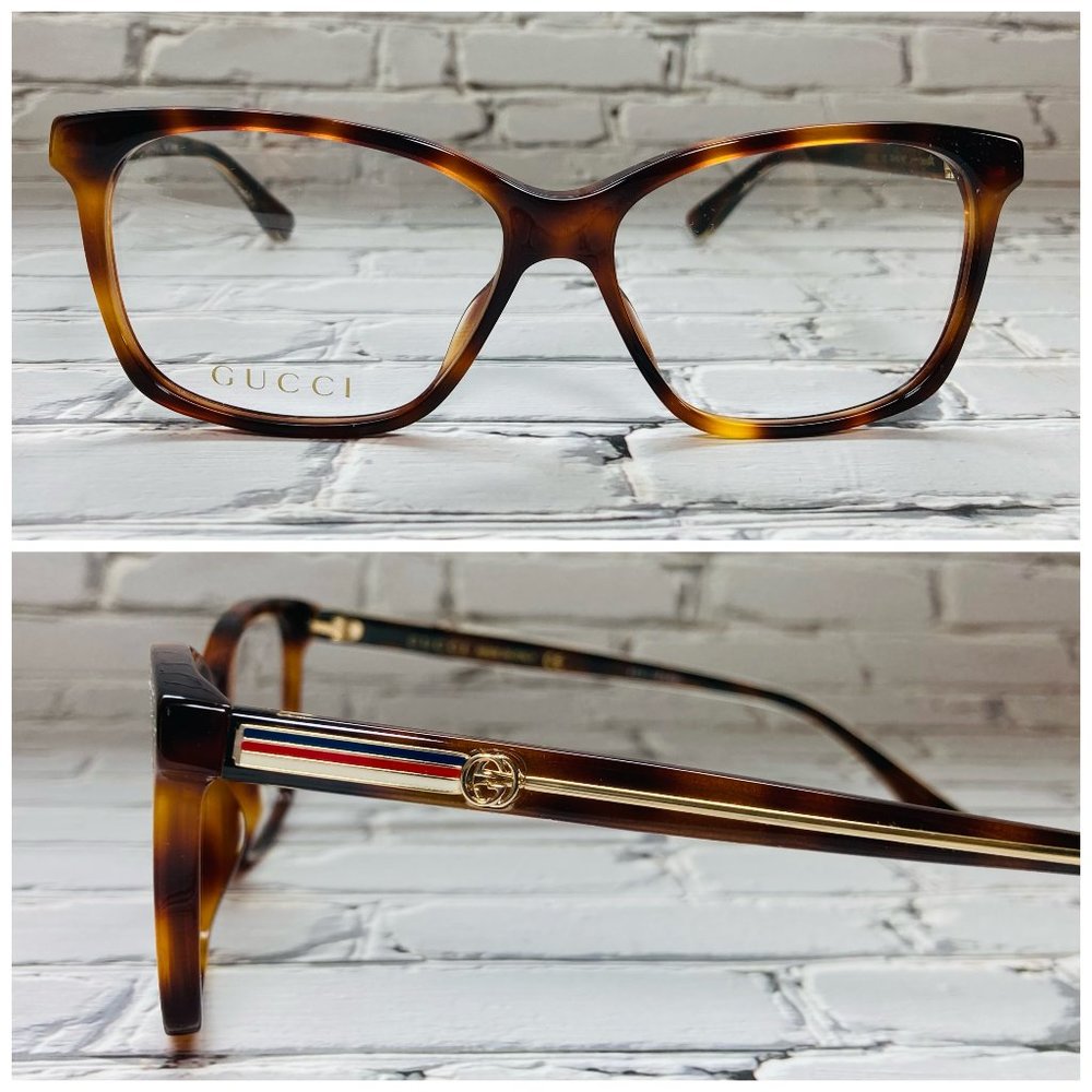 Gucci Rectangular Brown Havana And Gold Eyeglasses Glasses Frames